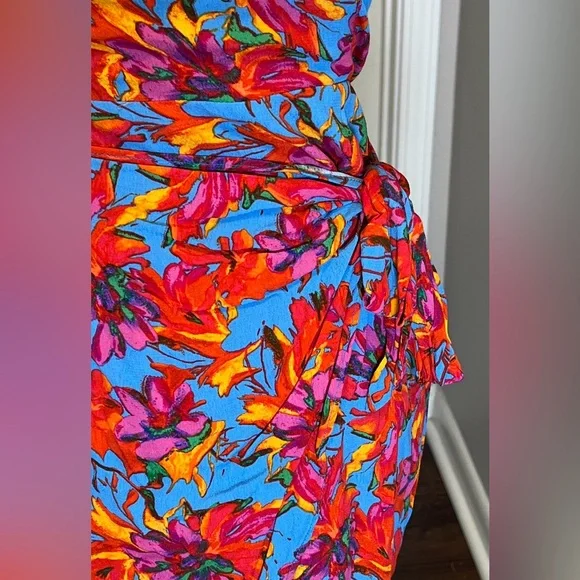 Lost + Wander Hydra Springs Red Blue Floral Wrap Mini Dress Strappy M Medium